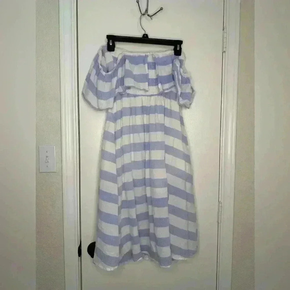 Lulu’s | Cotton Off the Shoulder Blue Ivory Striped Dress | Size Small - Picture 4 of 7